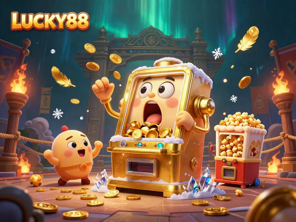 LUCKY88 slot machine celebrates a jackpot with coins pouring out, surrounded by cheering mini slot machines.