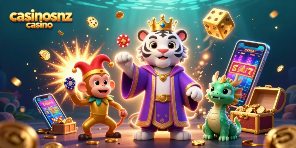 Experience winning at casinosnz casino with a vibrant, animated scene of a royal tiger and festive monkey.