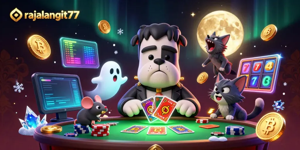 Gambaran 3D rajalangit77 dengan karakter kasino yang interaktif dan menyeramkan.