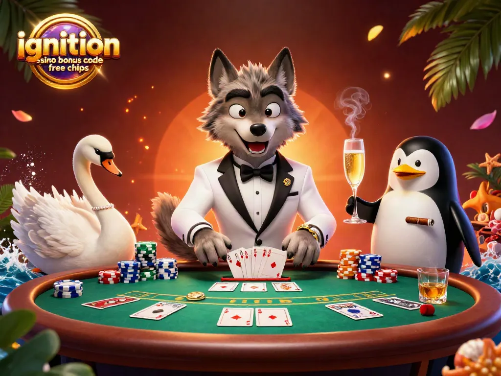 Engage with the ignition casino bonus code free chips in a vibrant casino scene showcasing a debonair wolf, elegant swan, and sophisticated penguin.