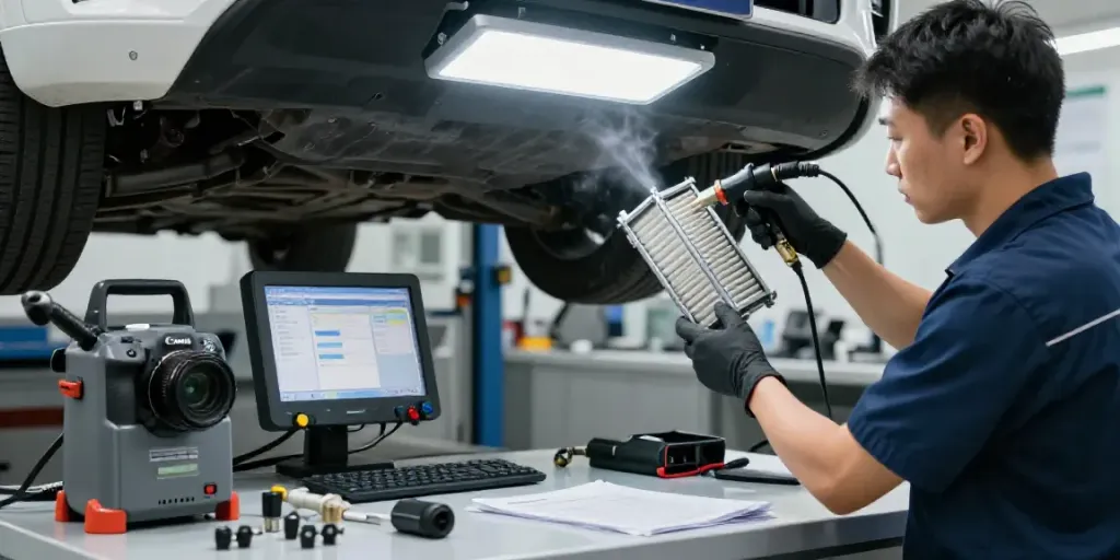 DPF reinigung hannover demonstrated by a technician cleaning a diesel vehicle's filter in a bright workshop.