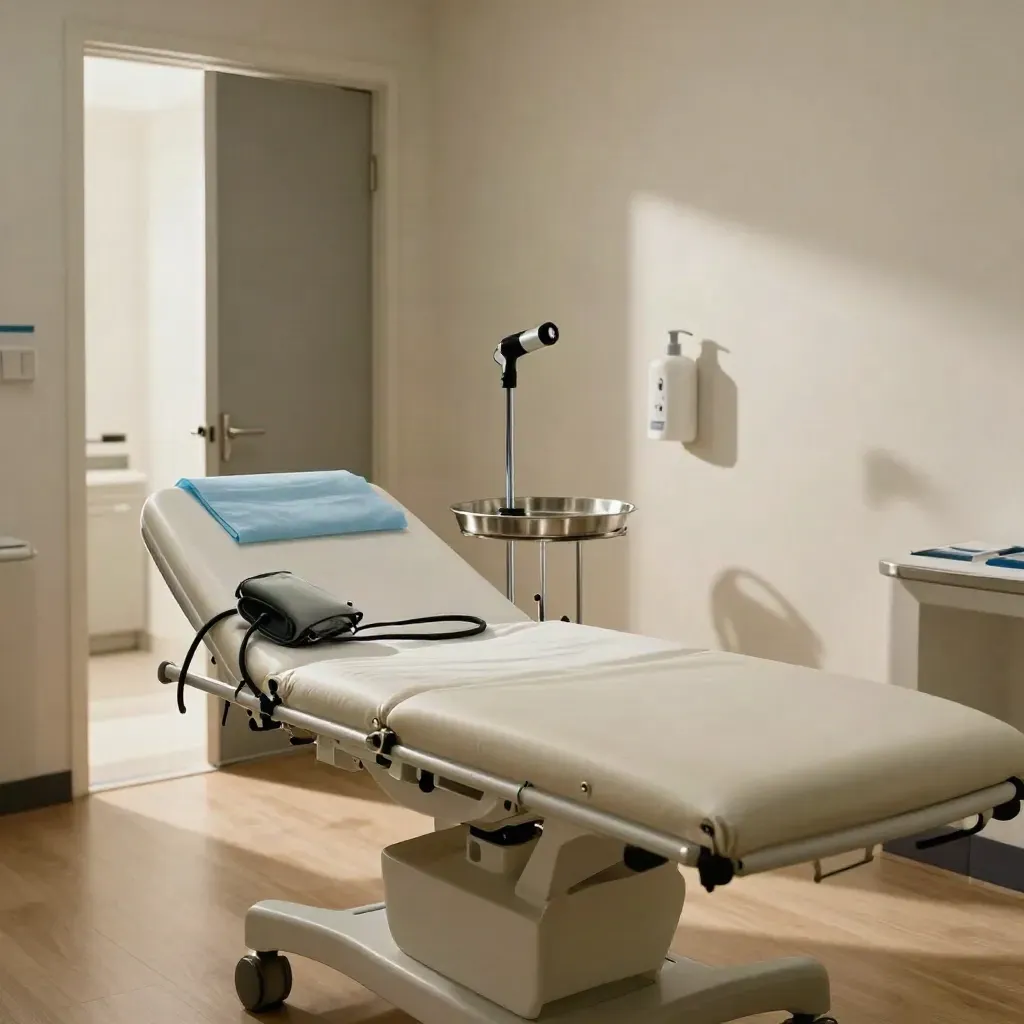 Empty consultation room with exam bed, blood-pressure cuff, otoscope stand and open corridor door.