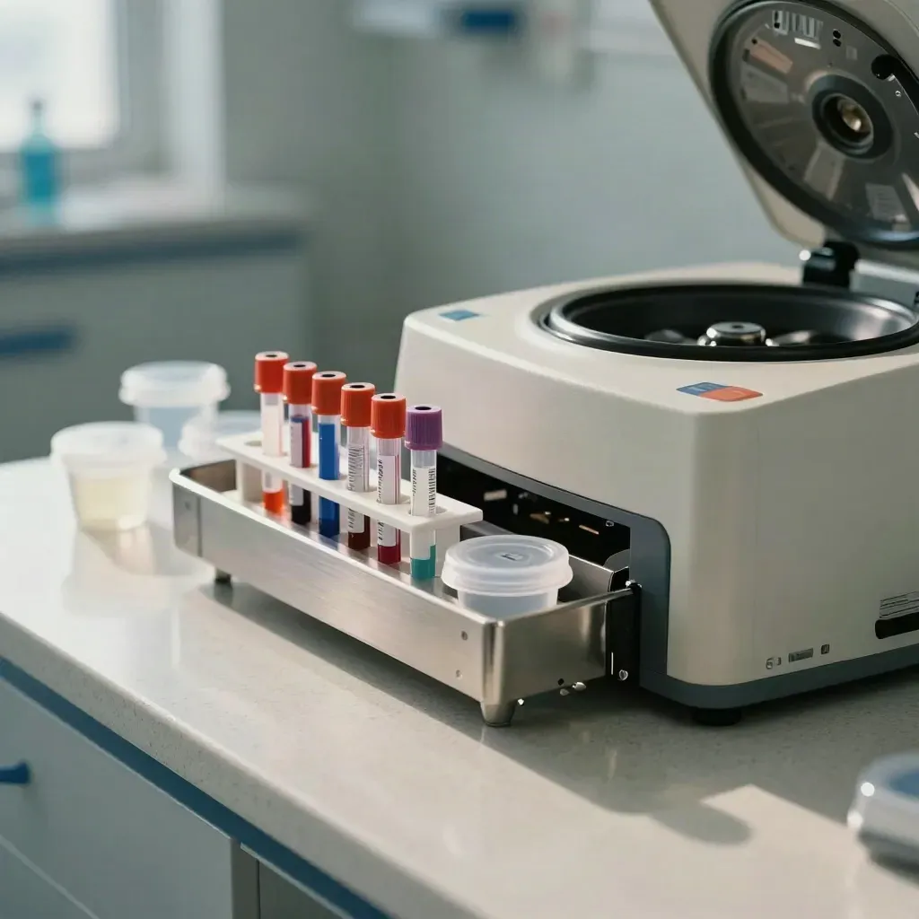 Vacutainer rack and specimen cups beside a humming analyzer on a travertine lab counter.
