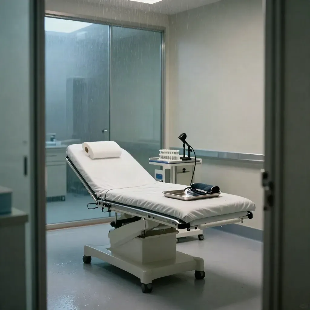Empty modern clinic exam room with bed, tray, cuff, and corridor reflections in soft rain light.