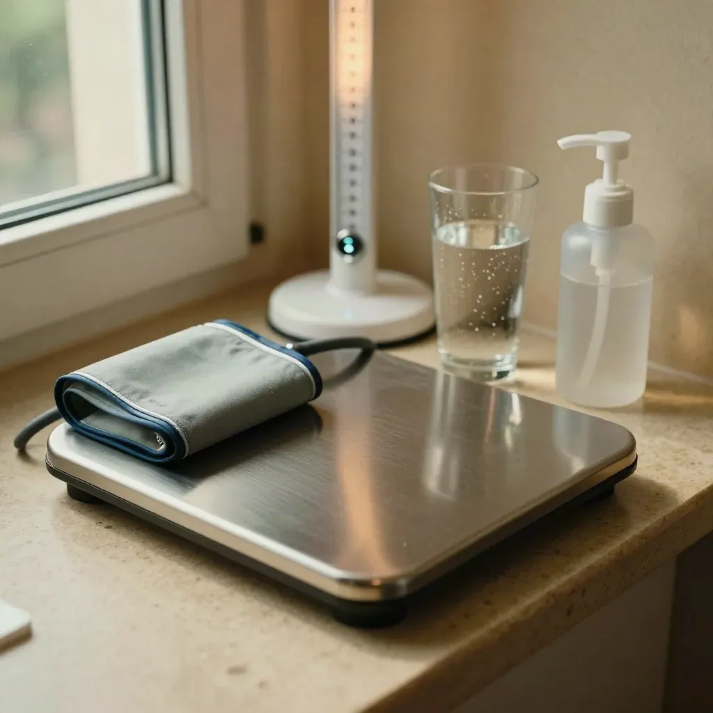 Macro of a health checkup station with scale, cuff, sanitizer, water glass, and stadiometer base.