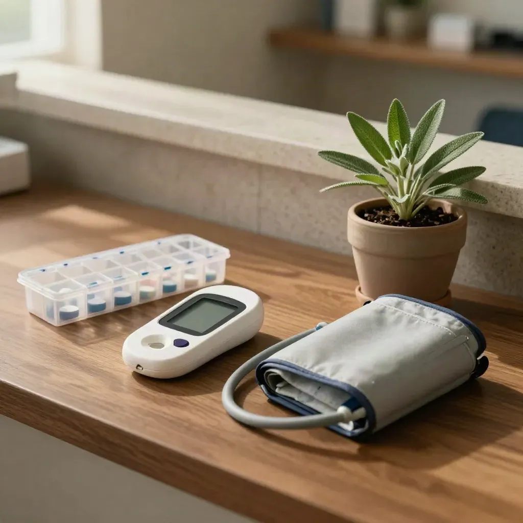 Glucometer, pill organizer, blood-pressure cuff and plant on a walnut clinic counter