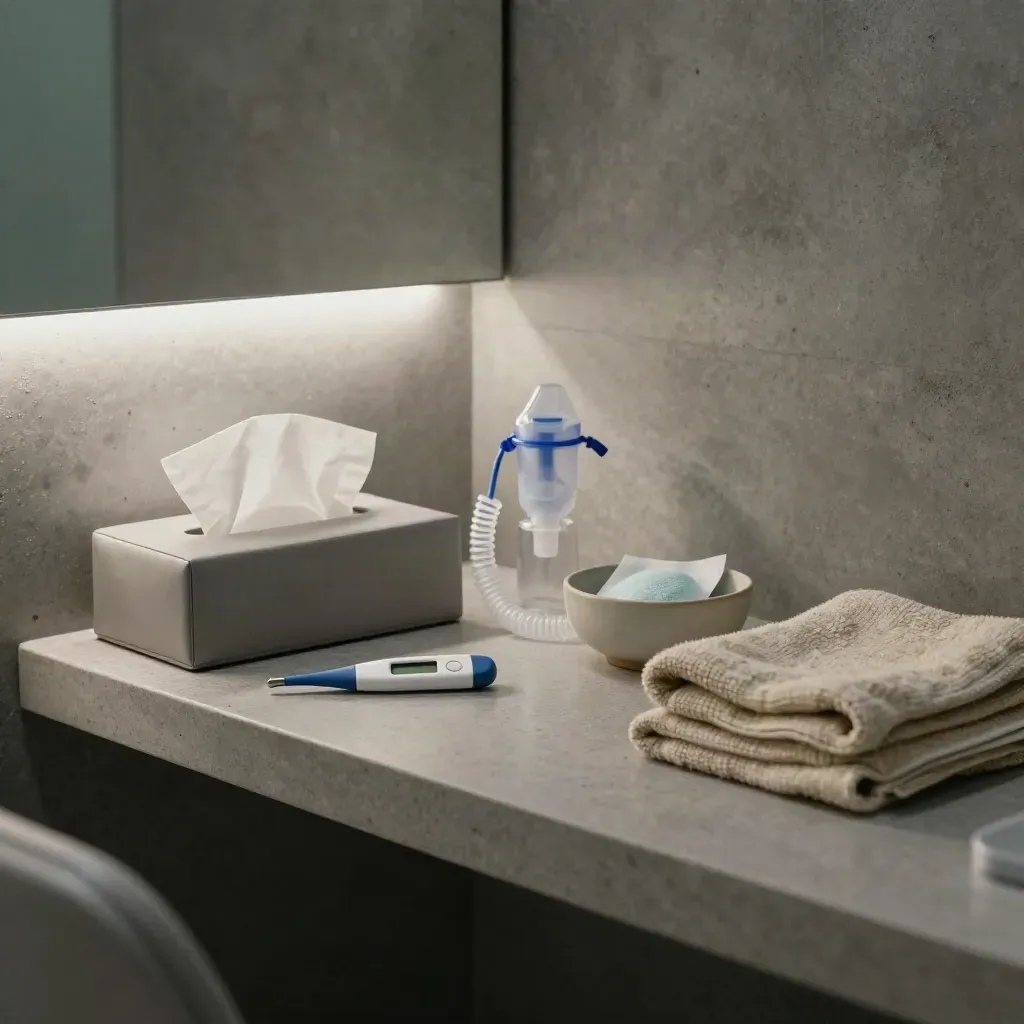 Minor-illness care supplies on a moody clinic counter with mist and cool light