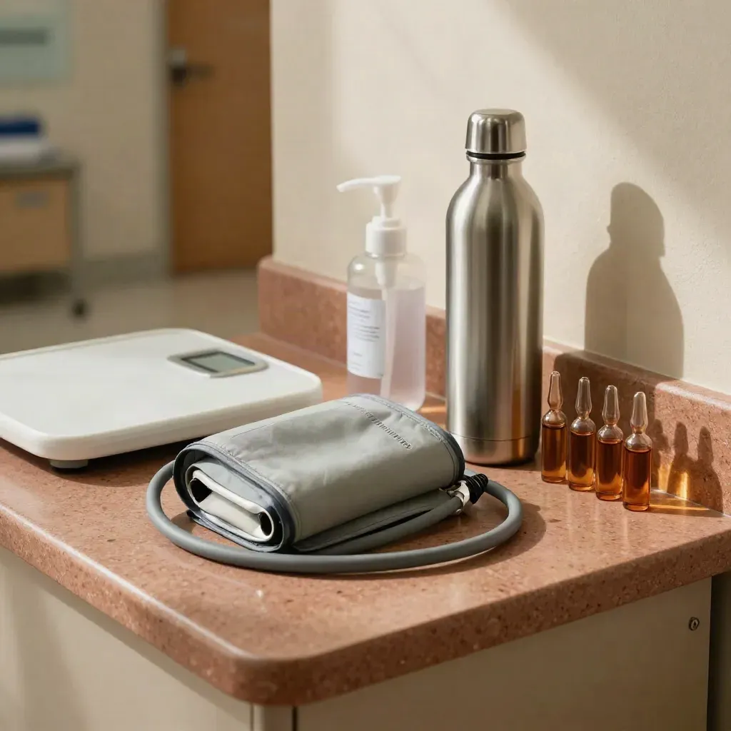 Preventive care station with blood-pressure cuff, scale, sanitizer and test vials in soft daylight.