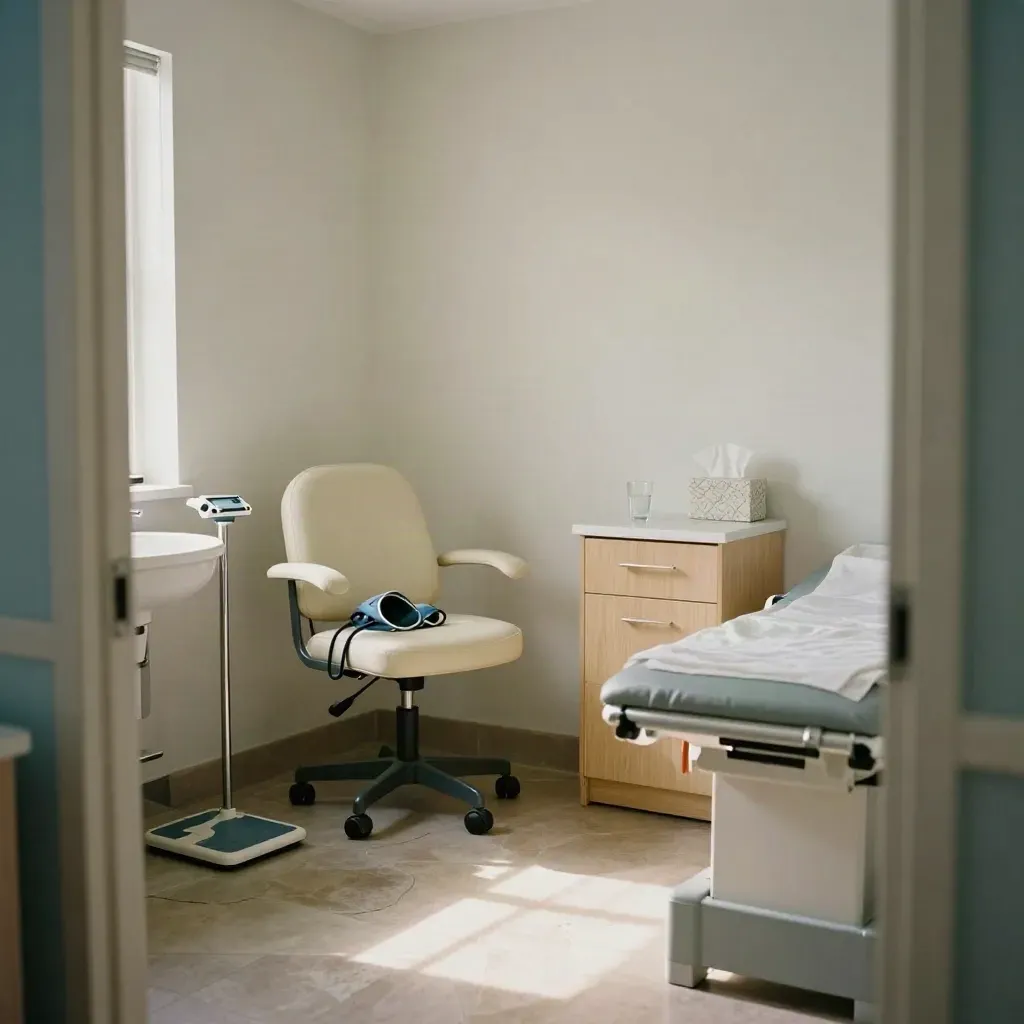 Empty exam room with cuff, child scale, tissue box, water glass and stool in afternoon light.