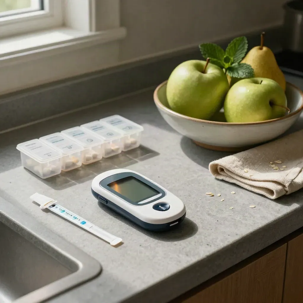 Home glucose-monitoring nook with glucometer, pill organizer, lancets, and fruit bowl in morning light.