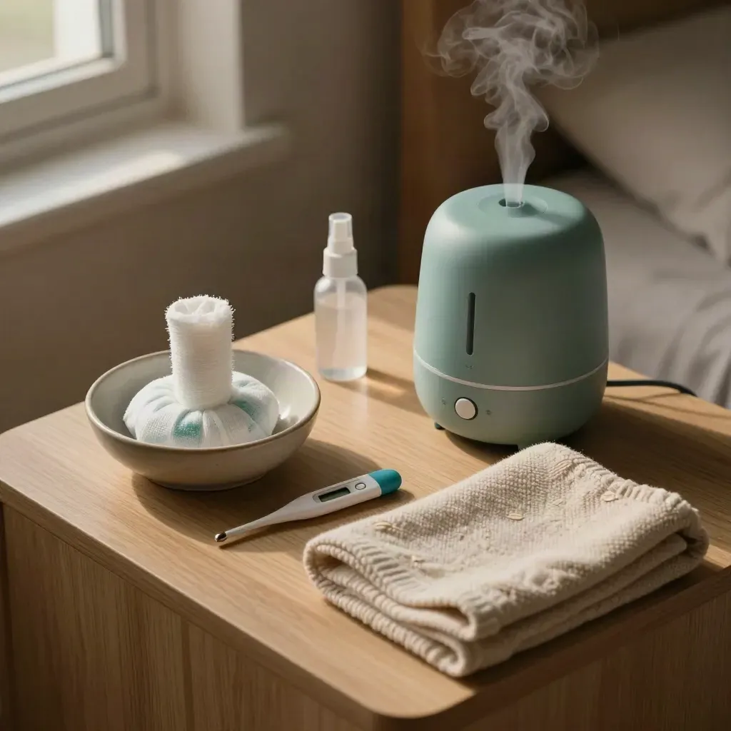 Pediatric recovery bedside setup with humidifier, cool compress bowl, thermometer, saline spray, and folded blanket.