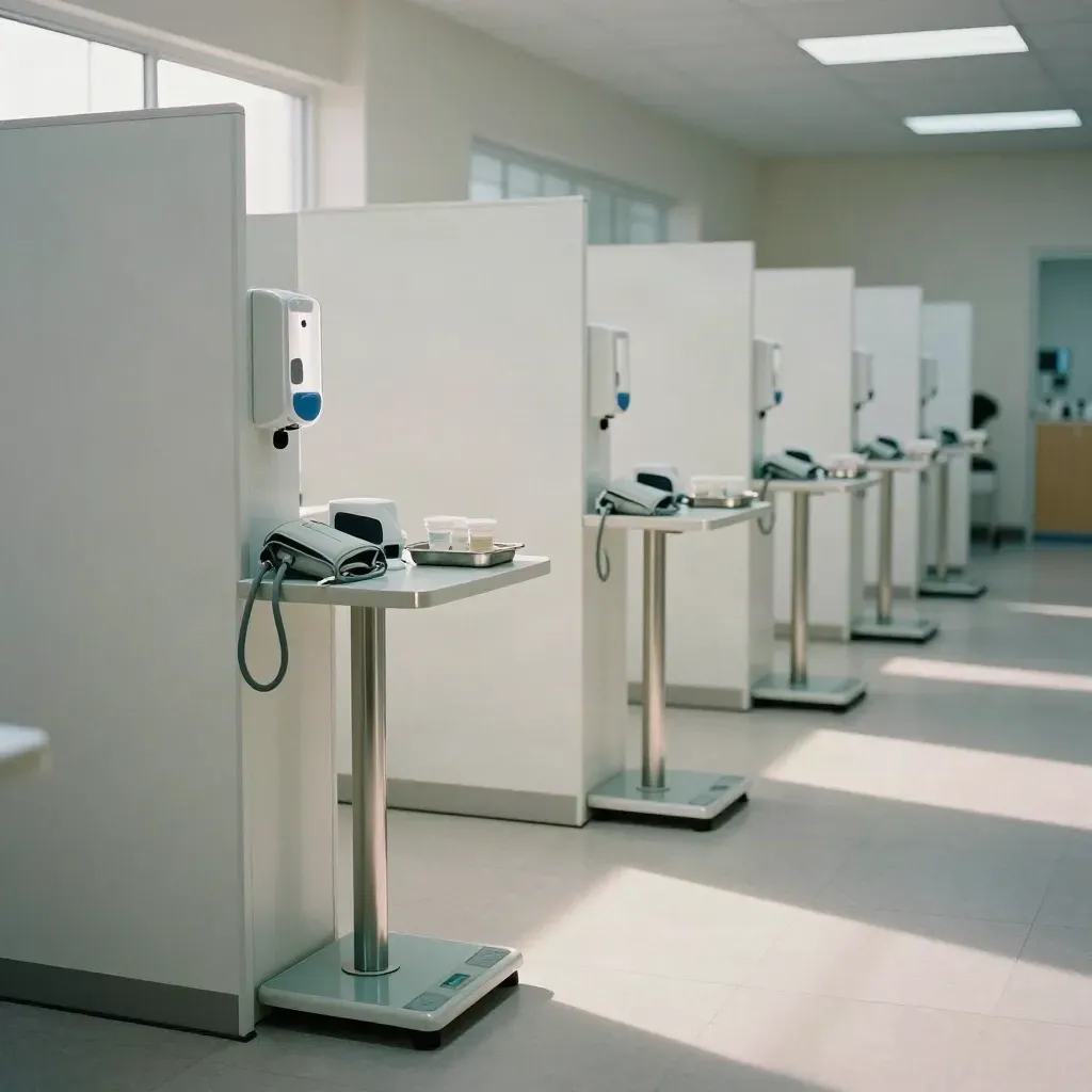 Empty clinic screening stations lined up before opening, with cuffs, scales and oximeters.