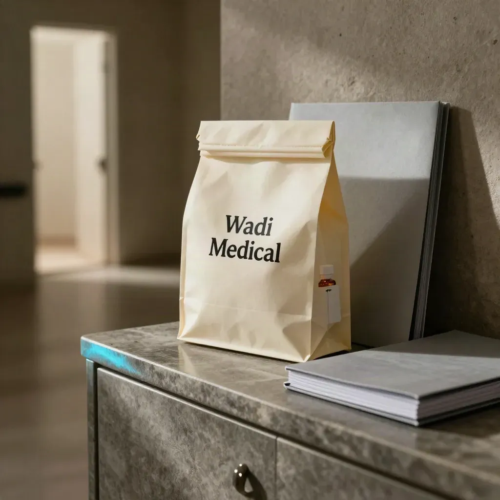 Discharge pouch, medicine bottle, token and folder beside a clinic doorway