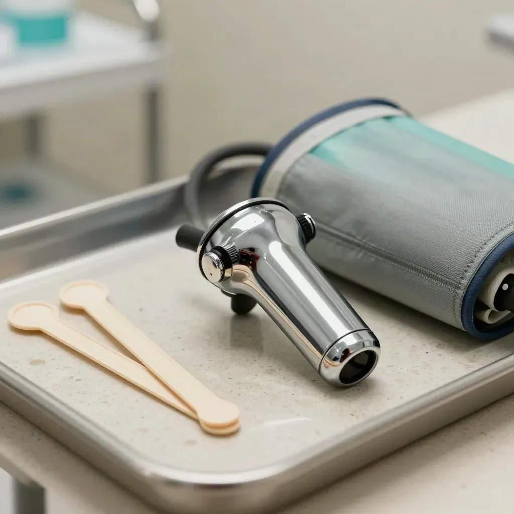Macro clinic still life with an otoscope, tongue depressors, and a blood-pressure cuff on a tray.