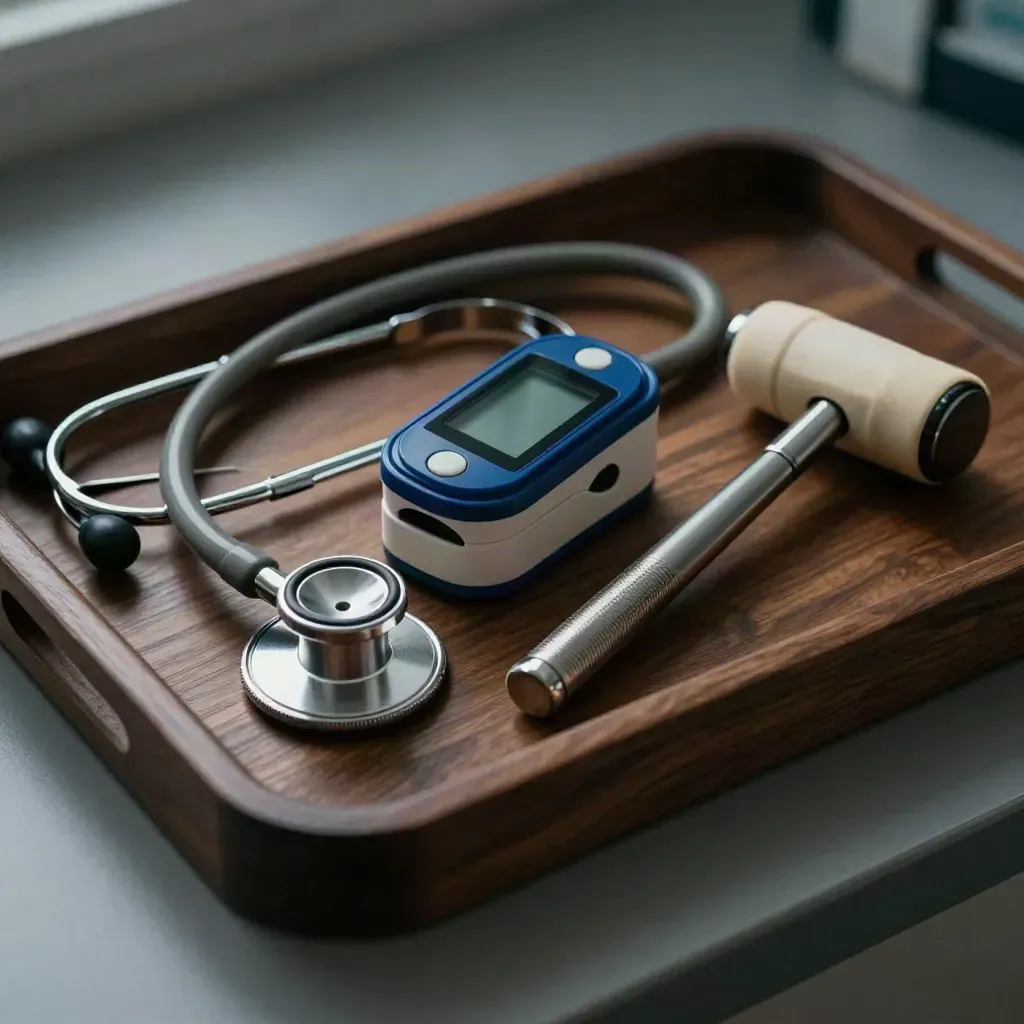 Stethoscope, pulse oximeter, and reflex hammer in a dark walnut tray under dramatic light