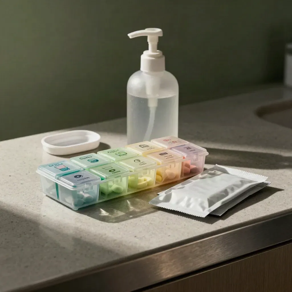 Close-up of pill organizer, sanitizer pump, phone cradle and refill packets on a clinic counter.