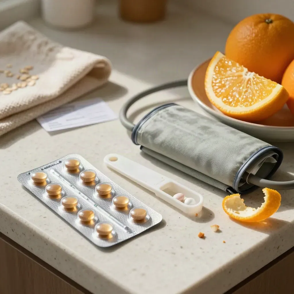 Citrus bowl, blister packs, pill cutter and blood-pressure cuff on travertine