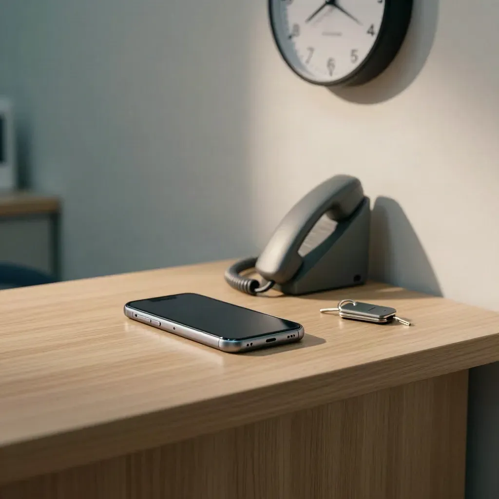 Face-down phone, handset cradle, clock and key fob on a pale oak clinic desk