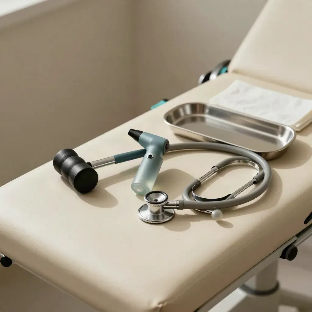 Medical tools on an exam stool beside a tray in soft clinical light.