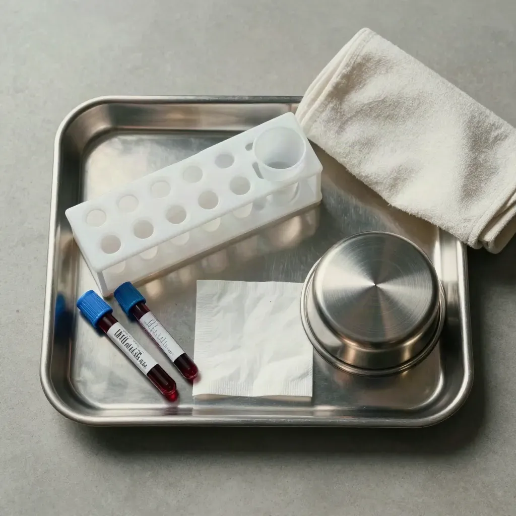 Overhead still life of blood tubes, sample cups, wipes, and a centrifuge lid on a clinical tray.