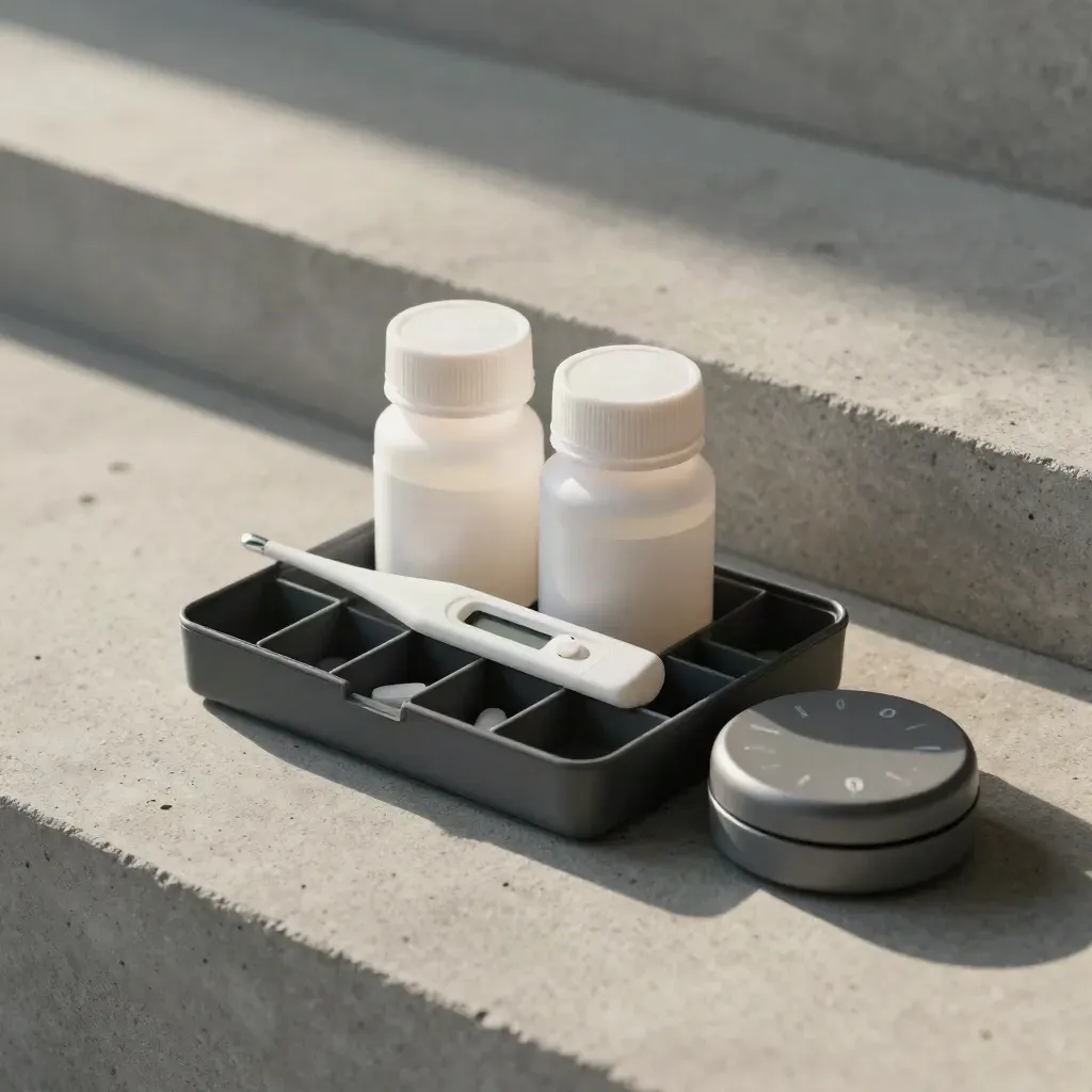 Follow-up medicine kit with organizer, bottles, thermometer, and timer on pale concrete.
