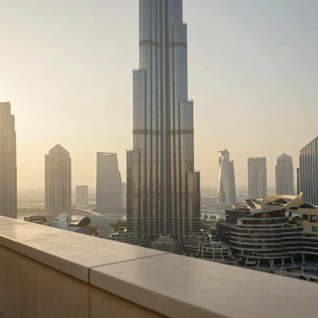 Burj Khalifa above a hazy Dubai skyline at dawn, calm space below