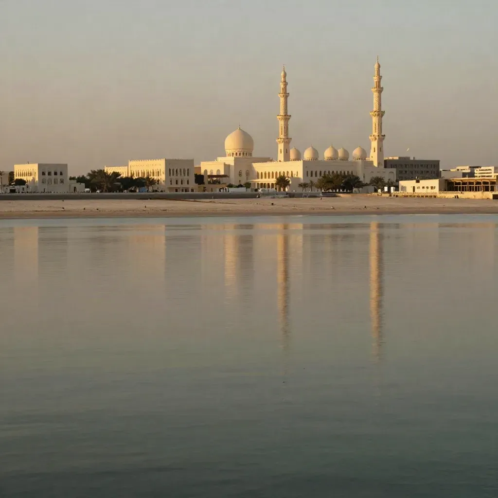 Sharjah skyline and creek at golden hour, domes high above calm waterfront haze