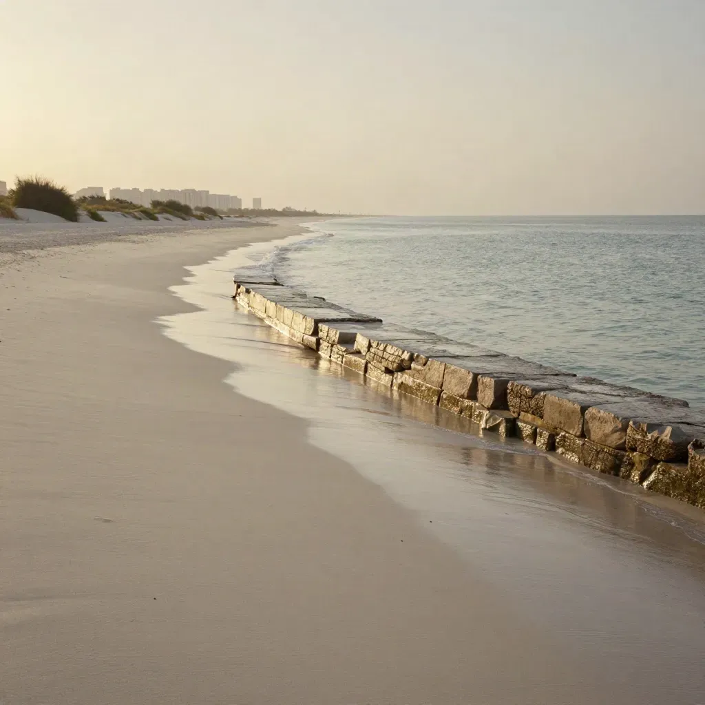 Ajman Corniche shoreline curving above a calm sandy foreground with hazy low-rise horizon