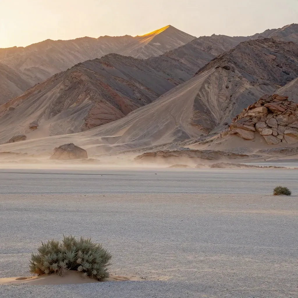 Hajar Mountains above a quiet wadi plain in warm haze and golden light
