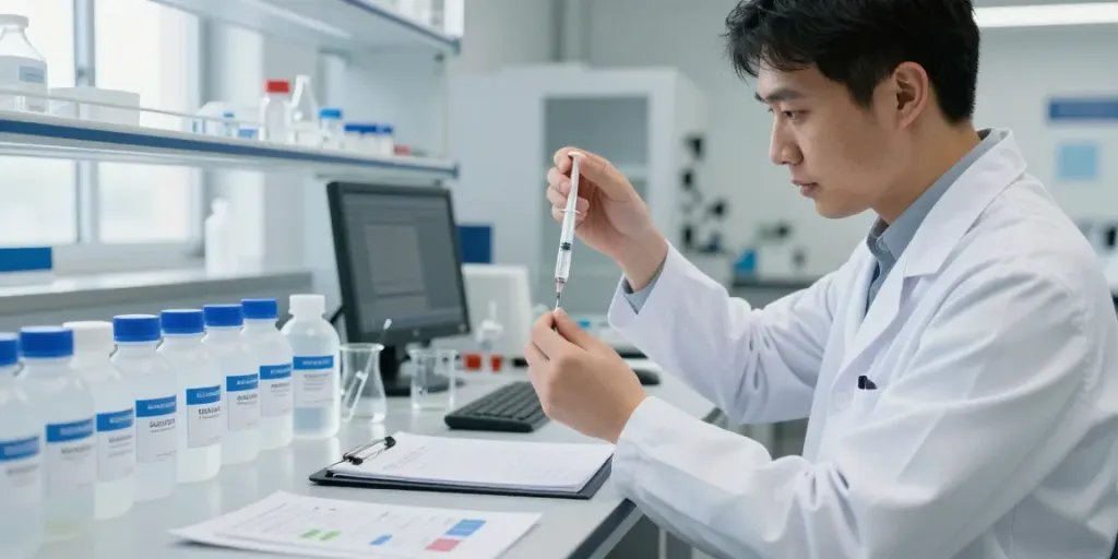 Scientist using peptide dosage calculator to measure accurate dosage in lab.