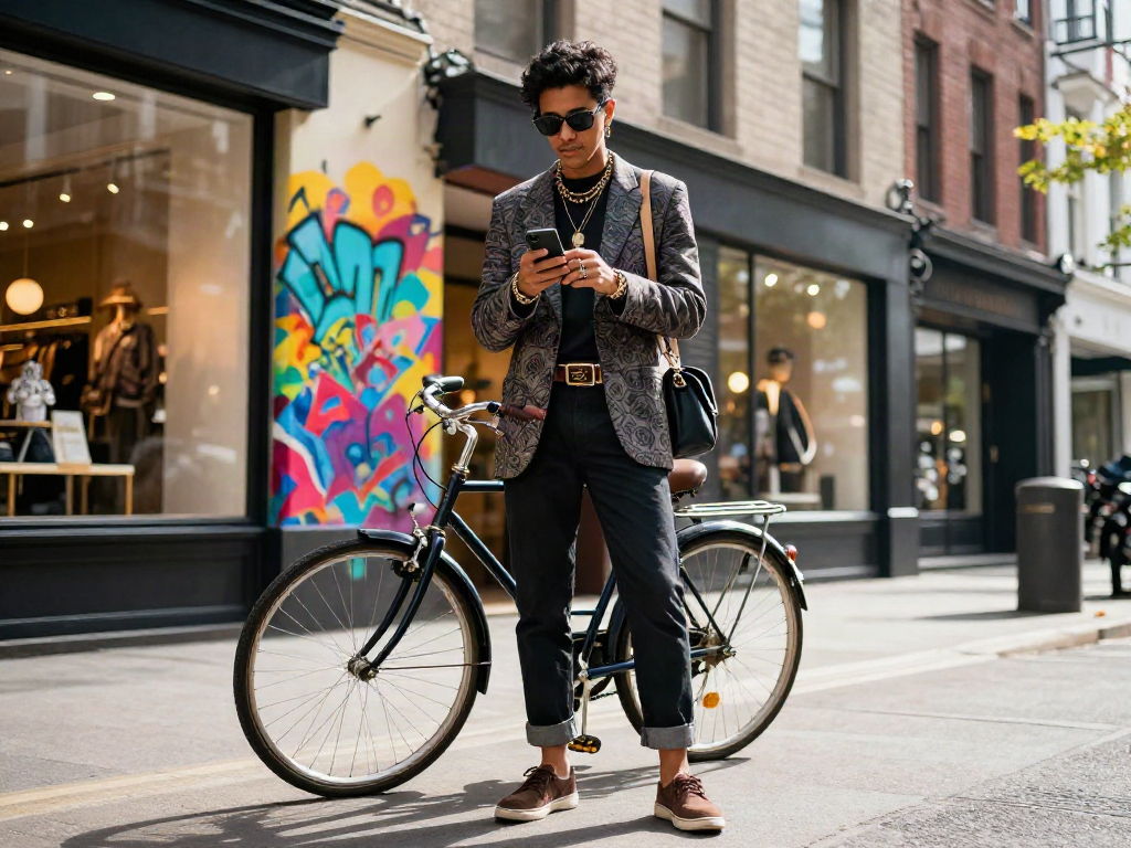 Gaya hidup urban dengan fashion luxury111 yang stylish di jalan kota.