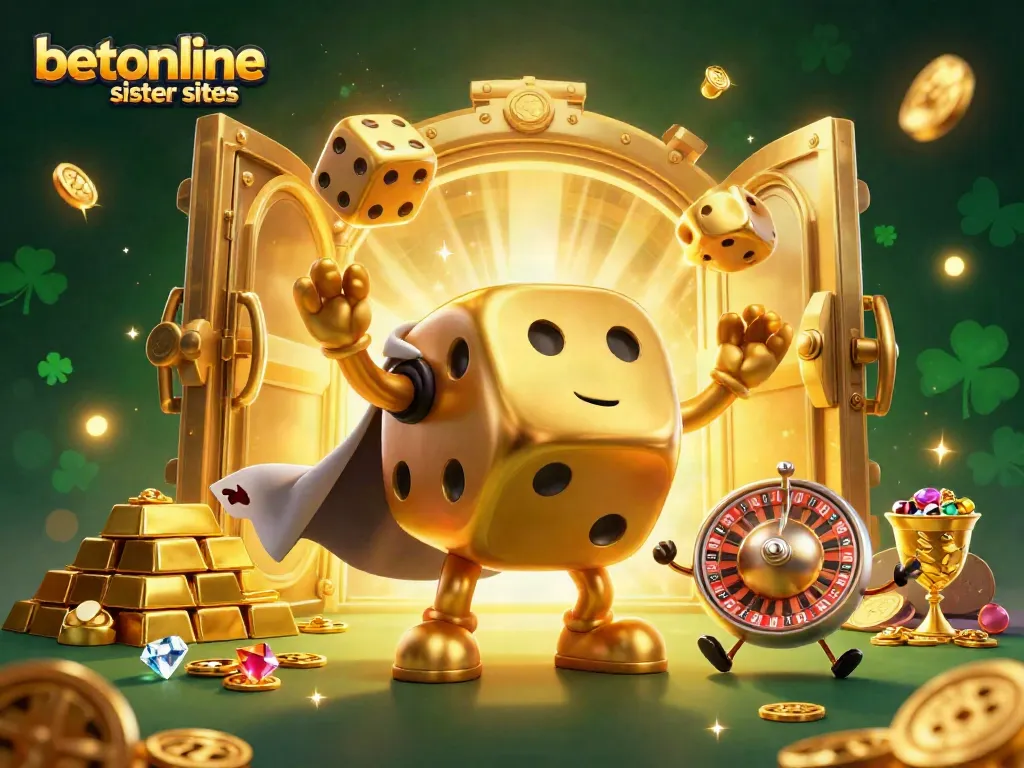 Experience dynamic gameplay with betonline sister sites, featuring vibrant characters juggling dice and golden treasures.