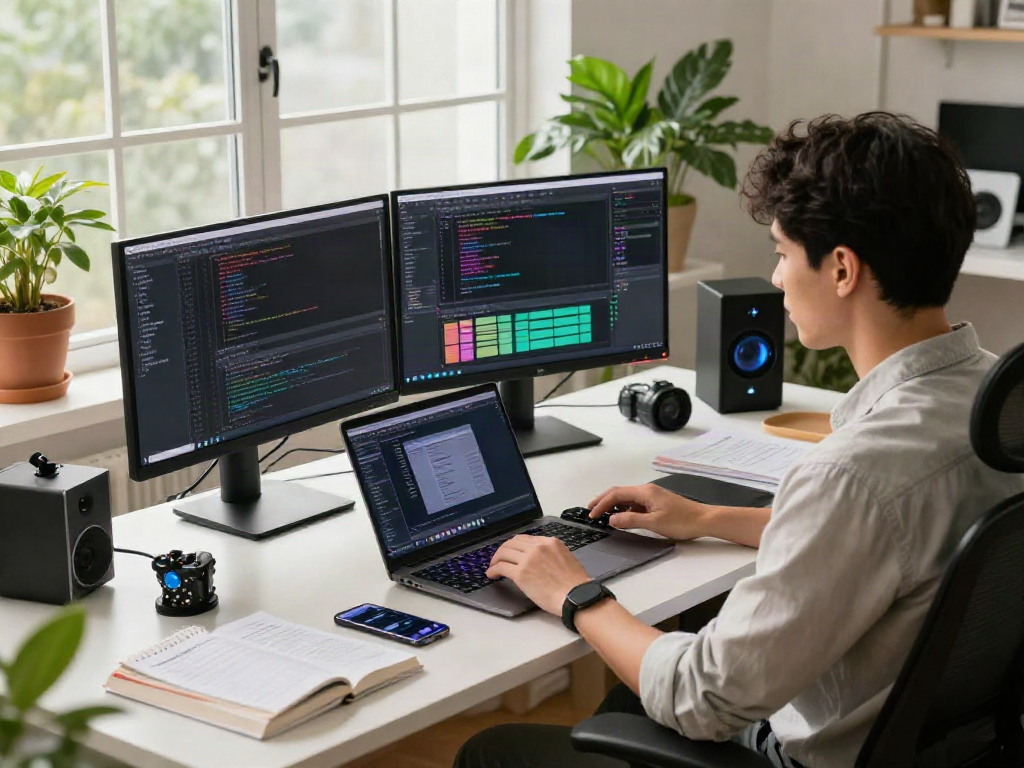 Gambar engineer perangkat lunak yang bekerja di 快连电脑版 dengan latar belakang tempat kerja modern penuh teknologi.