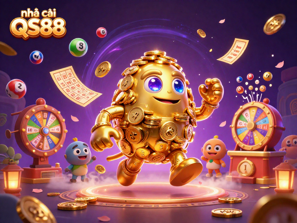 Spin the reels at nhà cái QS88 with vibrant lottery balls and golden gaming elements.