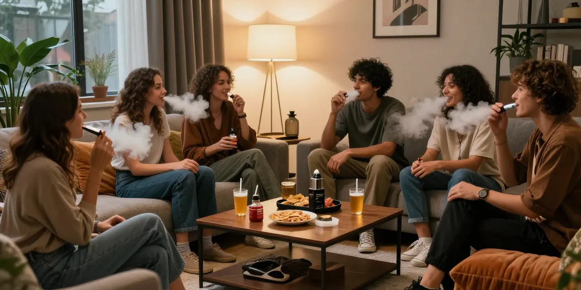 Enjoying THC vape in a cozy urban living room with friends.