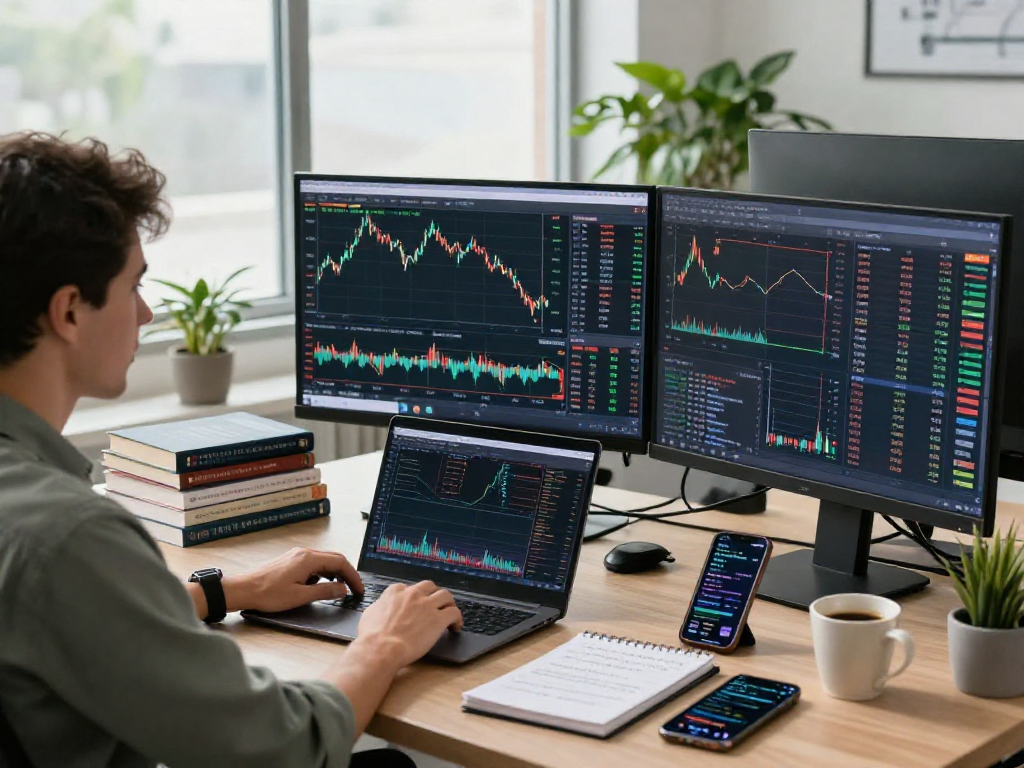 使用metatrader 5的交易者在现代办公室分析市场深度和财务数据，展示交易策略和图表。