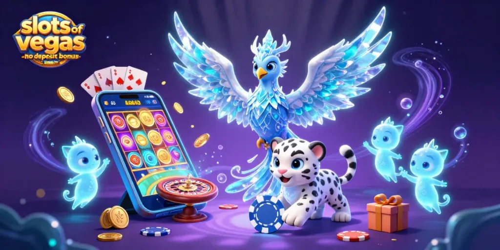 Play slots of vegas no deposit bonus with a vibrant scene of a phoenix, snow leopard, and ice sprites.