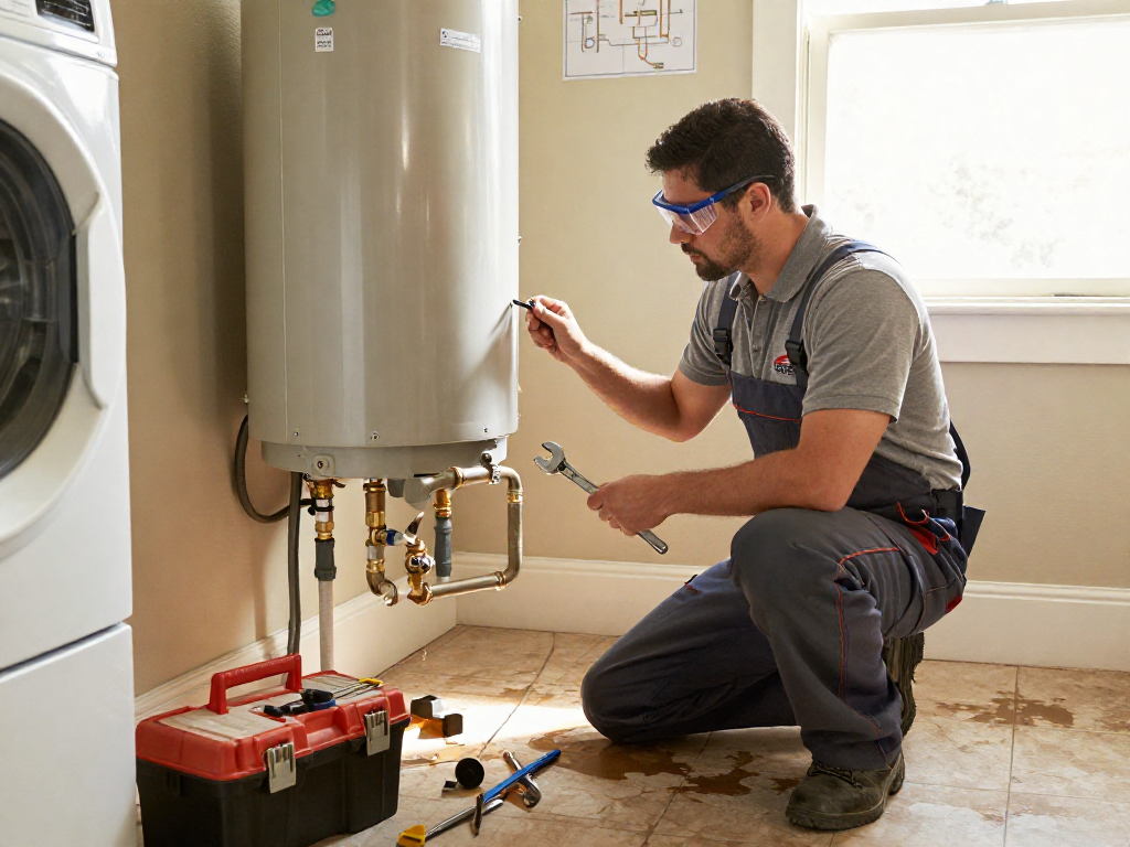 Professional plumber conducting plumbing repair Fort Worth on a water heater in residential setting.