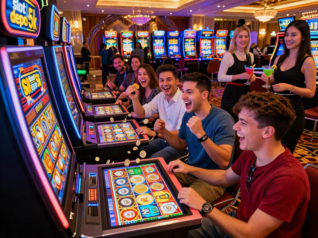 Exciting casino atmosphere with friends celebrating at a slot depo 5k machine.