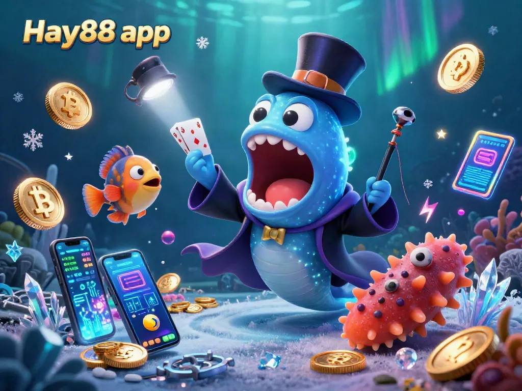 Play with the Hay88 app featuring a magical deep-sea casino act with engaging characters and neon elements.