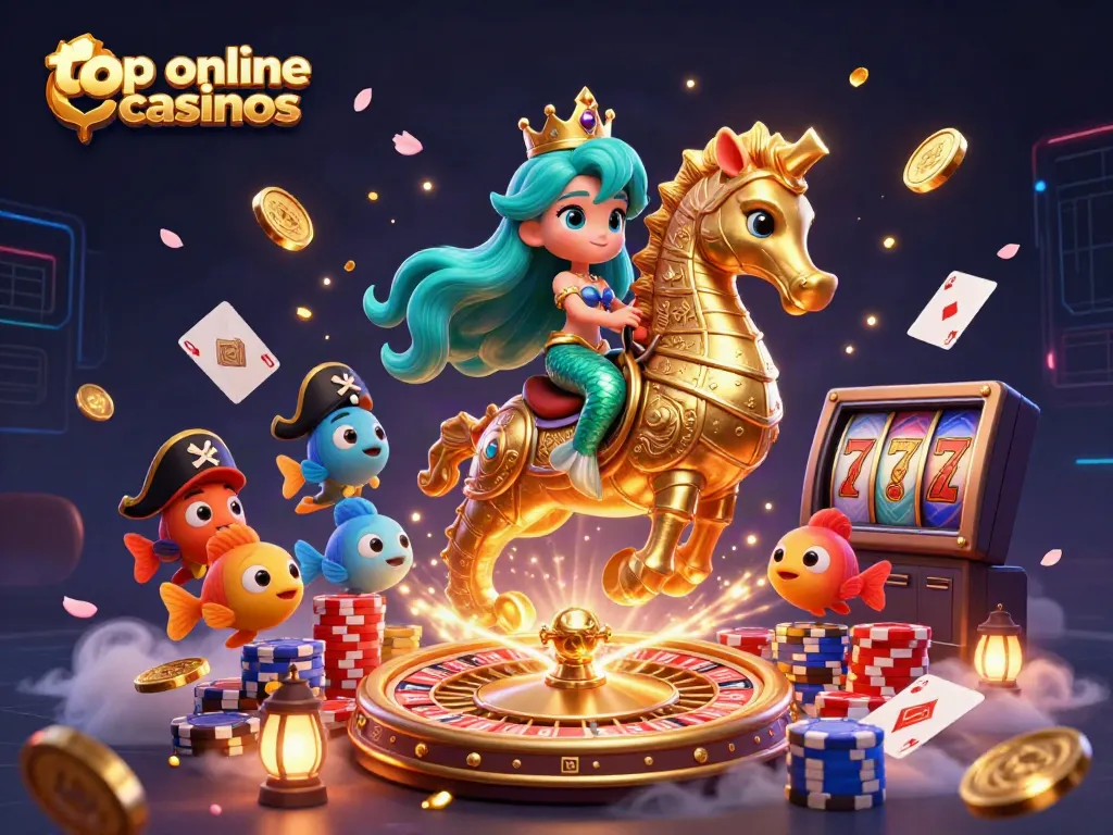 Experience the top online casinos with a vibrant scene featuring a mermaid, giant seahorse, and casino elements.