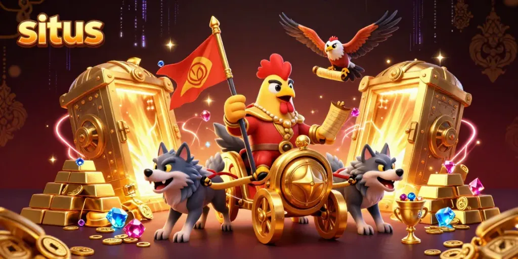 Experience gaming adventures with situs through the cartoon rooster warlord scene filled with treasures.