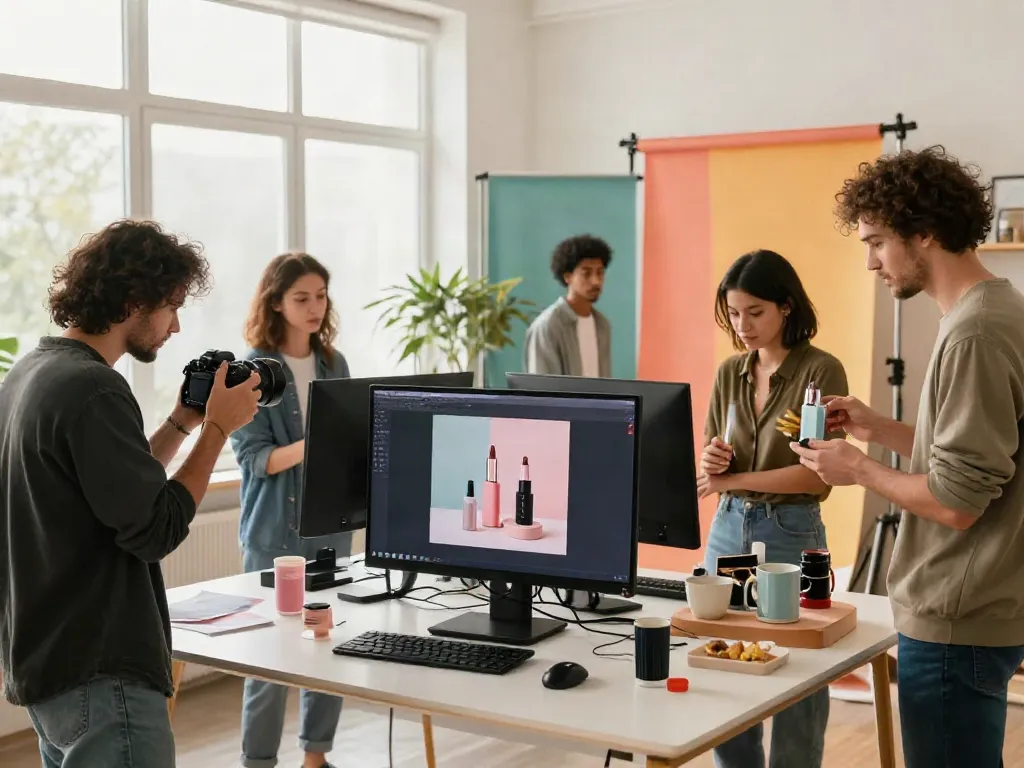 Team using AI product photo generator in a modern studio for vibrant product photography.