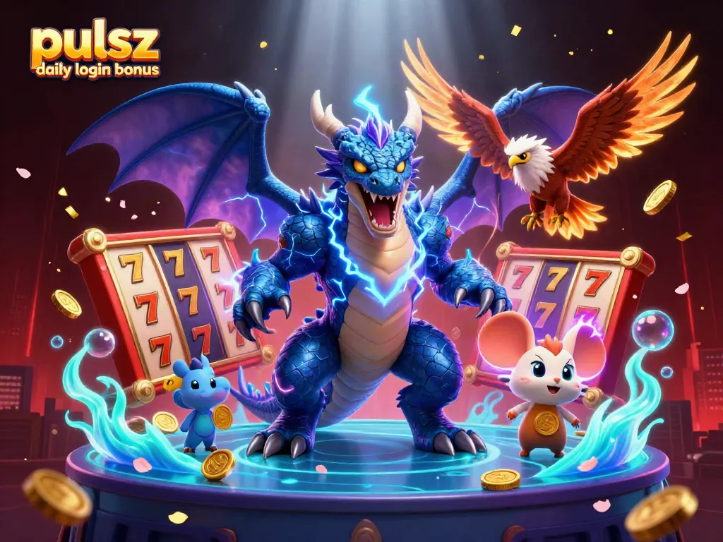 Claim your pulsz daily login bonus featuring exciting characters and vibrant casino elements within the scene.