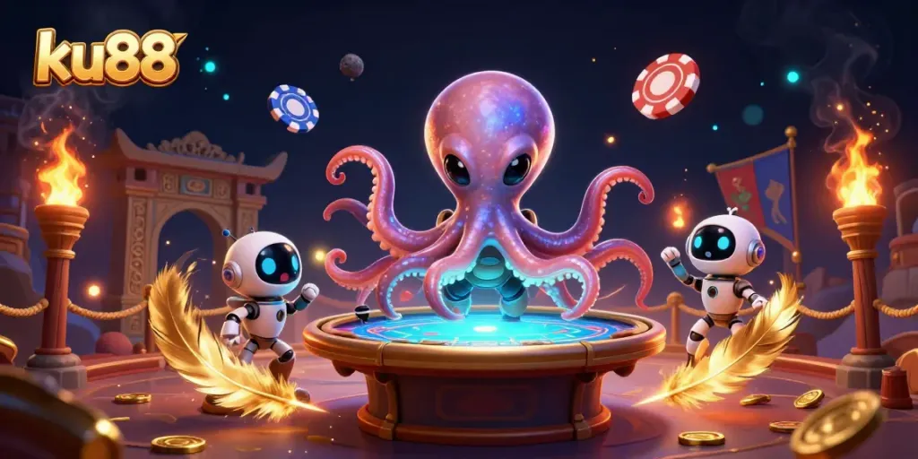 Experience thrilling games with ku88 in an exciting cosmic casino scene with alien octopus and poker elements.