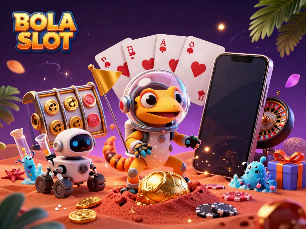 BOLA SLOT illustration of a Martian gecko finding a golden casino, surrounded by lively slot game elements.