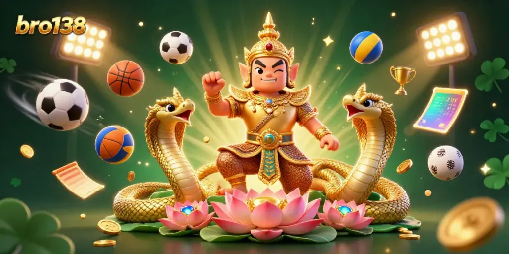 Experience thrilling wins with bro138 as a guardian in a vibrant casino scene, surrounded by sports elements and excitement.