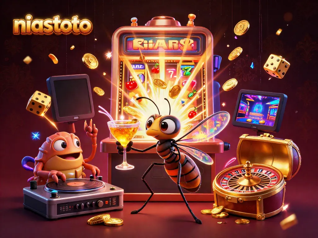 NIASTOTO's lively 3D casino scene with a frozen mosquito mascot, trilobite DJ, and golden roulette wheel.