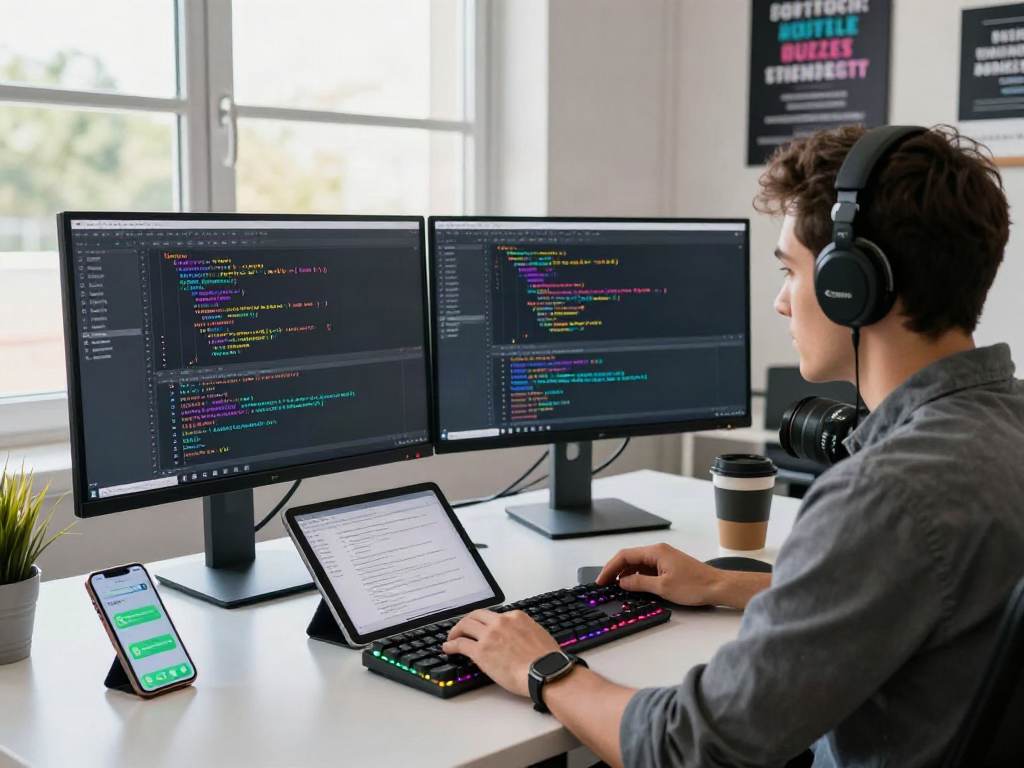 Developer coding with gbwhatsapp notifications in a tech workspace.
