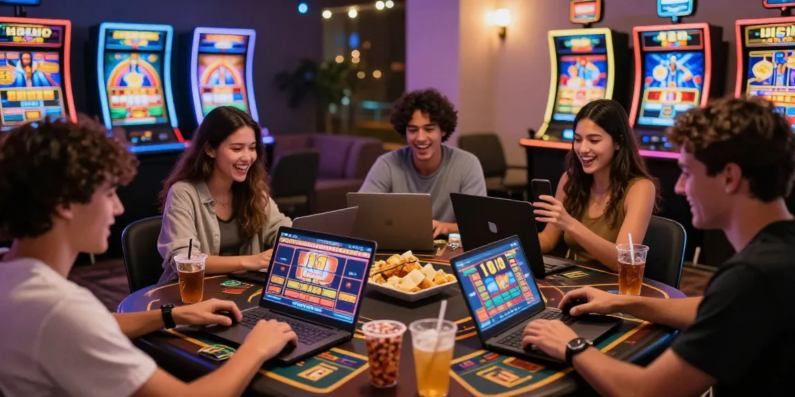 Exciting bandar slot gaming moment with friends enjoying vibrant digital casino atmosphere.